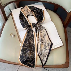 Retro Oblique Black Golden Plain Sketch Lotus Pattern Long Scarf Smooth Soft Texture Multifunctional Use Belt Headscarf Scarf Women'S Fashion Item Fashion Versatile All Seasons