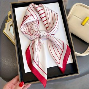 1pc of 27.56inch Women's Lily Print Square Scarf, Elegant Satin Neckerchief, Spring and Summer Decorative Headscarf