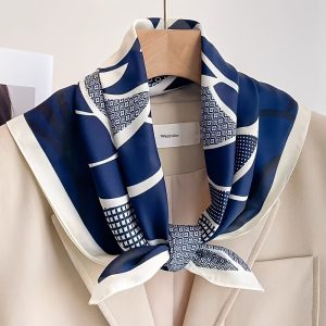 Elegant Navy Blue Floral Pattern Square Scarf, Y Texture, Versatile Use, Women's Headscarf, Women's Scarf, Women's Shawl, Suitable for All Seasons